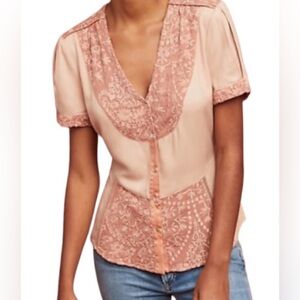 Anthropologie Pink Blouse with Lace Detail